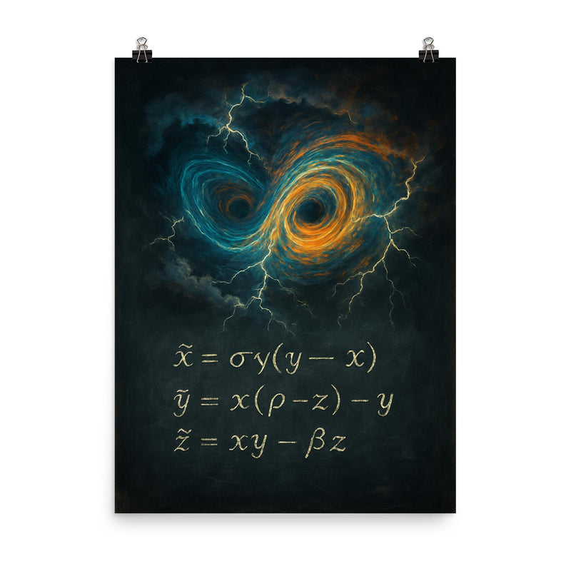Lorenz attractor storm over blackboard poster on a plain backdrop in size 8