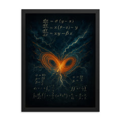 Lorenz attractor storm wings over equations framed print on a plain backdrop in size 18"x24".