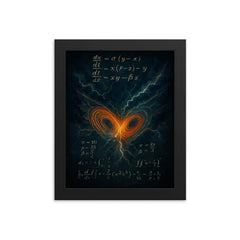 Lorenz attractor storm wings over equations framed print on a plain backdrop in size 8"x10".