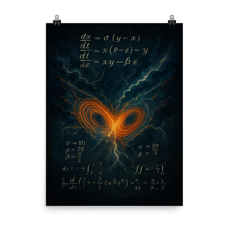 Lorenz attractor storm wings over equations poster on a plain backdrop in size 8