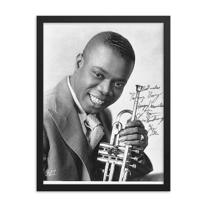 Louis Armstrong framed print on a plain backdrop in size 18