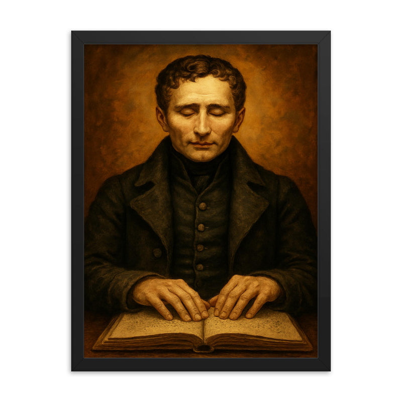 Louis Braille framed print on a plain backdrop in size 18