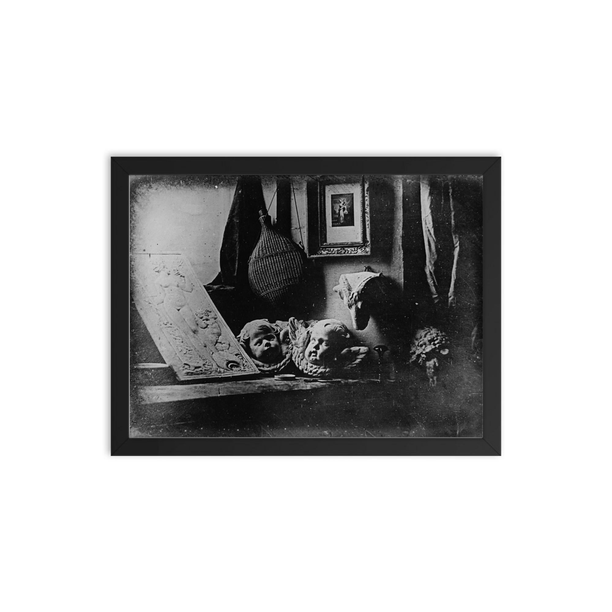 Louis Daguerre's First Daguerreotype, Still Life, 1837 framed print on a plain backdrop in size 12"x16".
