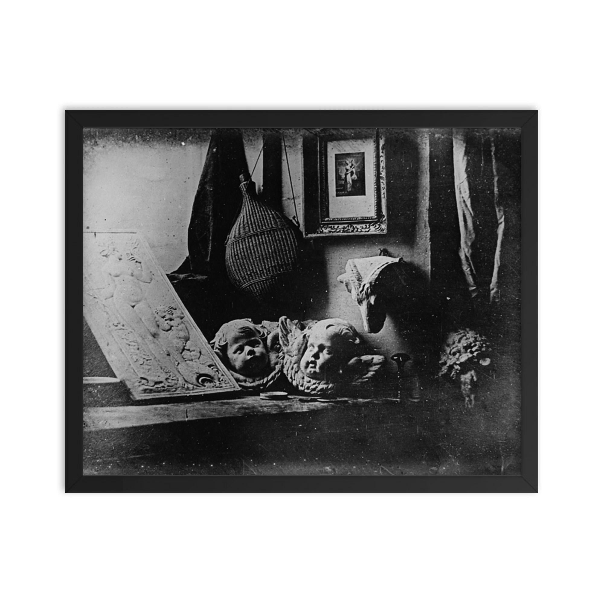 Louis Daguerre's First Daguerreotype, Still Life, 1837 framed print on a plain backdrop in size 16"x20".