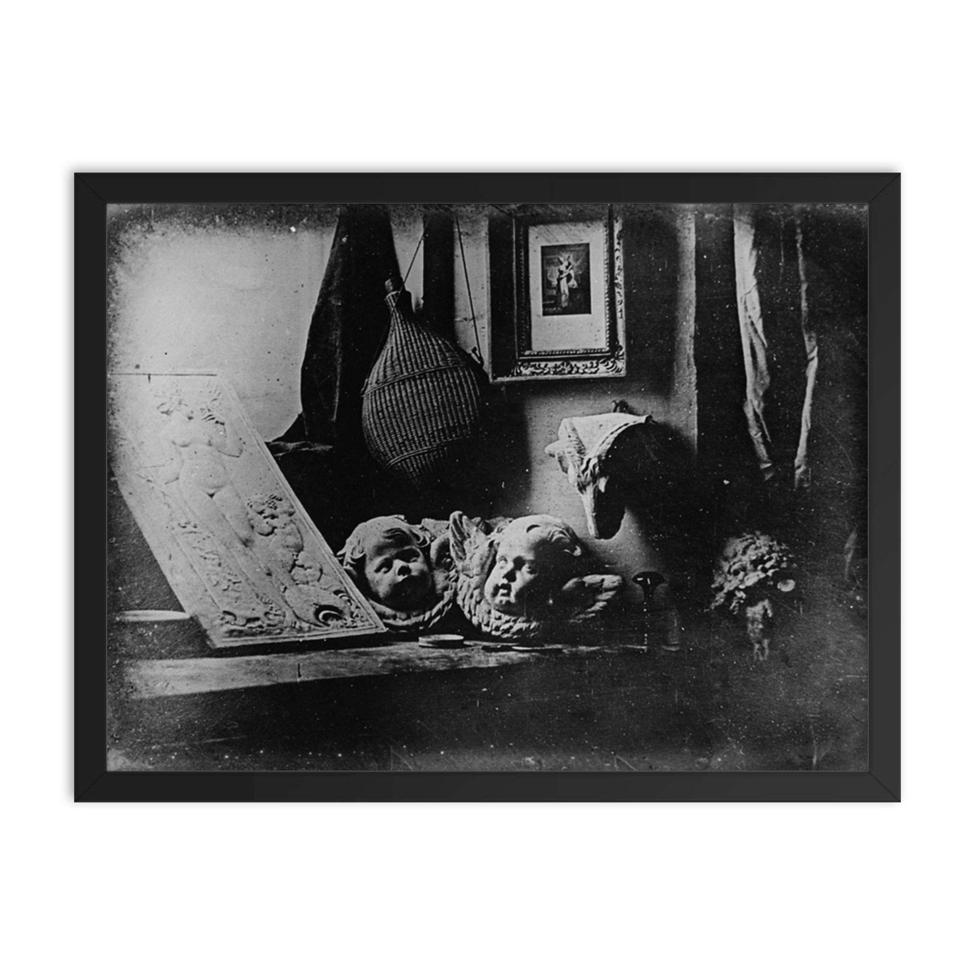 Louis Daguerre's First Daguerreotype, Still Life, 1837 framed print on a plain backdrop in size 18"x24".