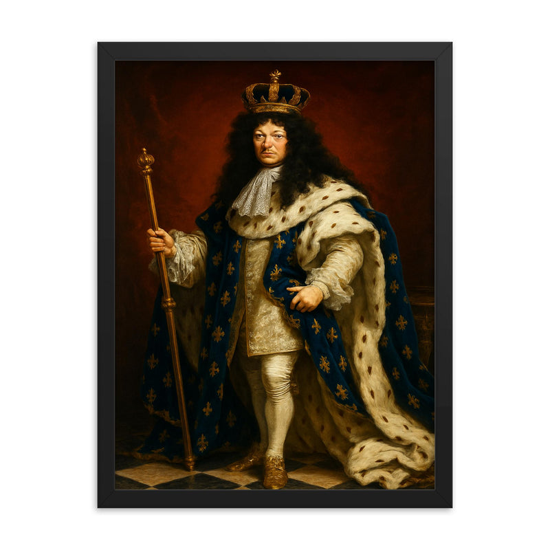Louis XIV framed print on a plain backdrop in size 18