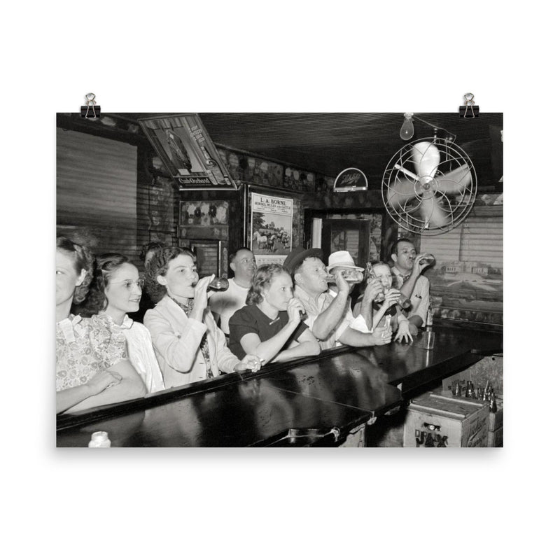 Louisiana Bar, 1938 - vintage photograph of a group of patrons enjoying a drink at a bar in Louisiana poster on a plain backdrop in size 8
