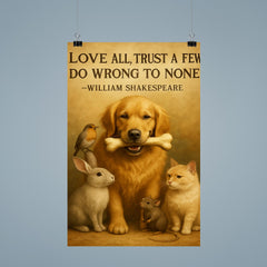 Love all trust a few do wrong to none Shakespeare golden retriever sharing bone friendly poster 9