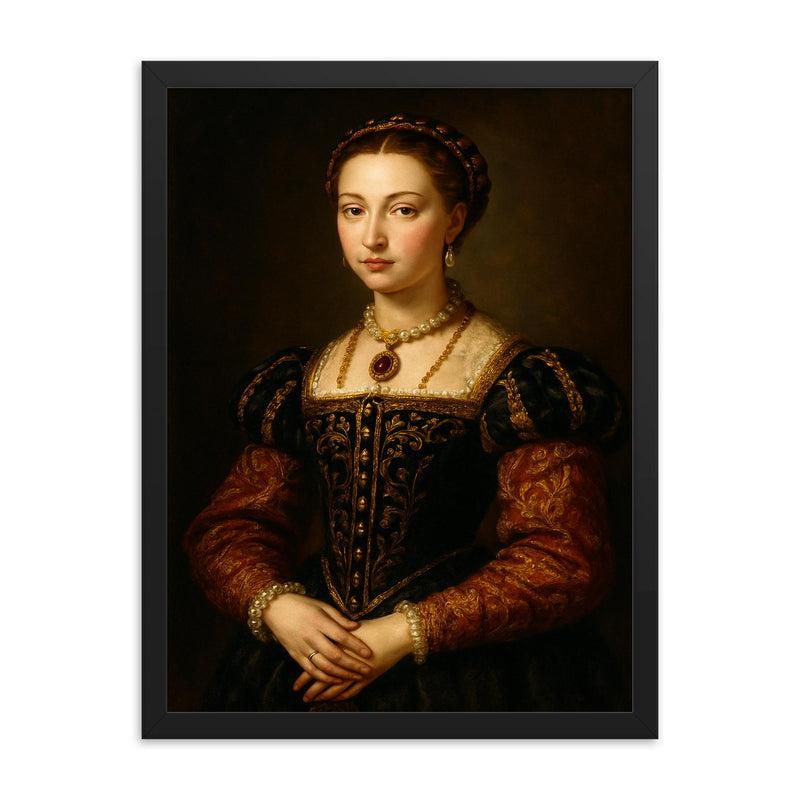 Lucrezia de' Medici Duchess of Ferrara framed print on a plain backdrop in size 18