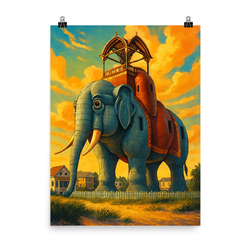 Lucy the Elephant New Jersey USA poster on a plain backdrop in size 8