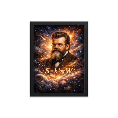 Ludwig Boltzmann equation and starfield portrait framed print on a plain backdrop in size 12"x16".