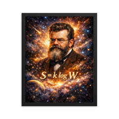 Ludwig Boltzmann equation and starfield portrait framed print on a plain backdrop in size 16"x20".