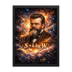 Ludwig Boltzmann equation and starfield portrait framed print on a plain backdrop in size 18"x24".