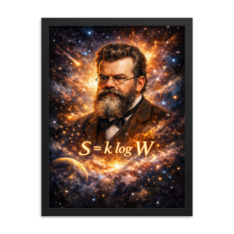 Ludwig Boltzmann equation and starfield portrait framed print on a plain backdrop in size 18