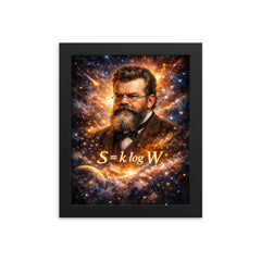 Ludwig Boltzmann equation and starfield portrait framed print on a plain backdrop in size 8"x10".