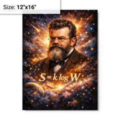 Ludwig Boltzmann equation and starfield portrait metal print on a plain backdrop in size 12"x16".