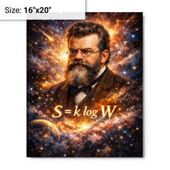 Ludwig Boltzmann equation and starfield portrait metal print on a plain backdrop in size 16"x20".