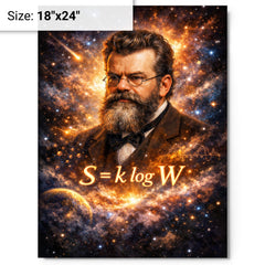 Ludwig Boltzmann equation and starfield portrait metal print on a plain backdrop in size 18"x24".