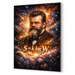 Ludwig Boltzmann equation and starfield portrait metal print mockup