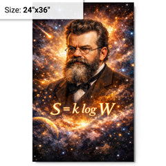 Ludwig Boltzmann equation and starfield portrait metal print on a plain backdrop in size 24"x36".