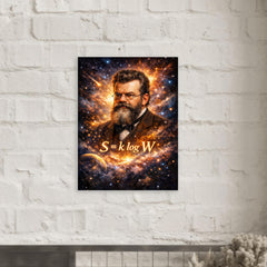 Ludwig Boltzmann equation and starfield portrait metal print mockup