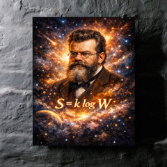 Ludwig Boltzmann equation and starfield portrait metal print mockup