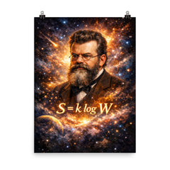 Ludwig Boltzmann equation and starfield portrait poster on a plain backdrop in size 8"x10".
