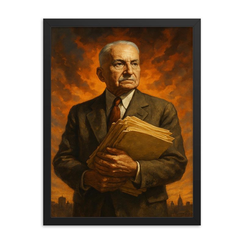 Ludwig von Mises exiled papers and resolve framed print on a plain backdrop in size 18