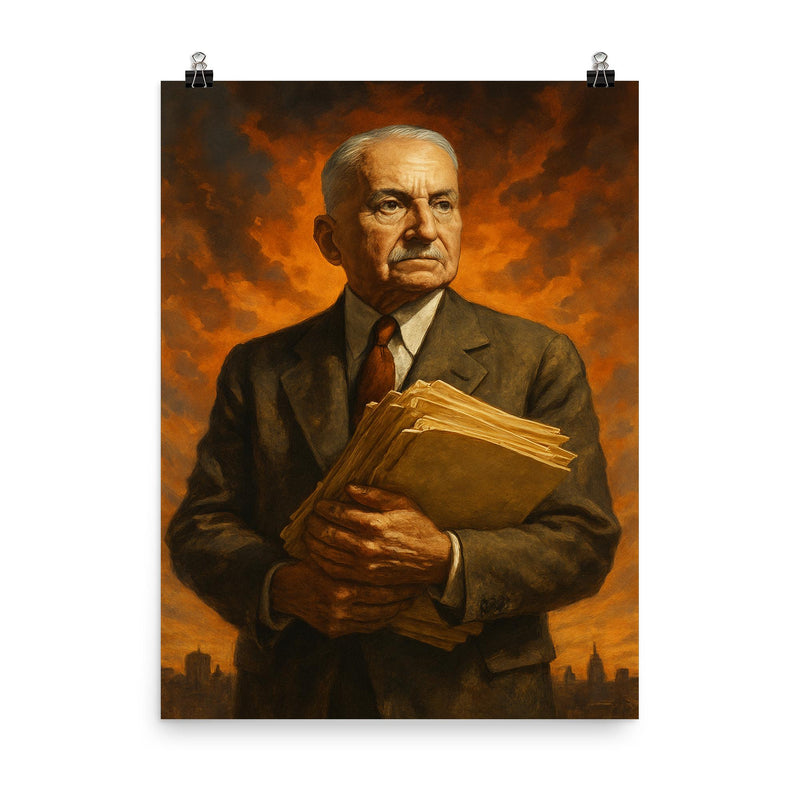 Ludwig von Mises exiled papers and resolve poster on a plain backdrop in size 8