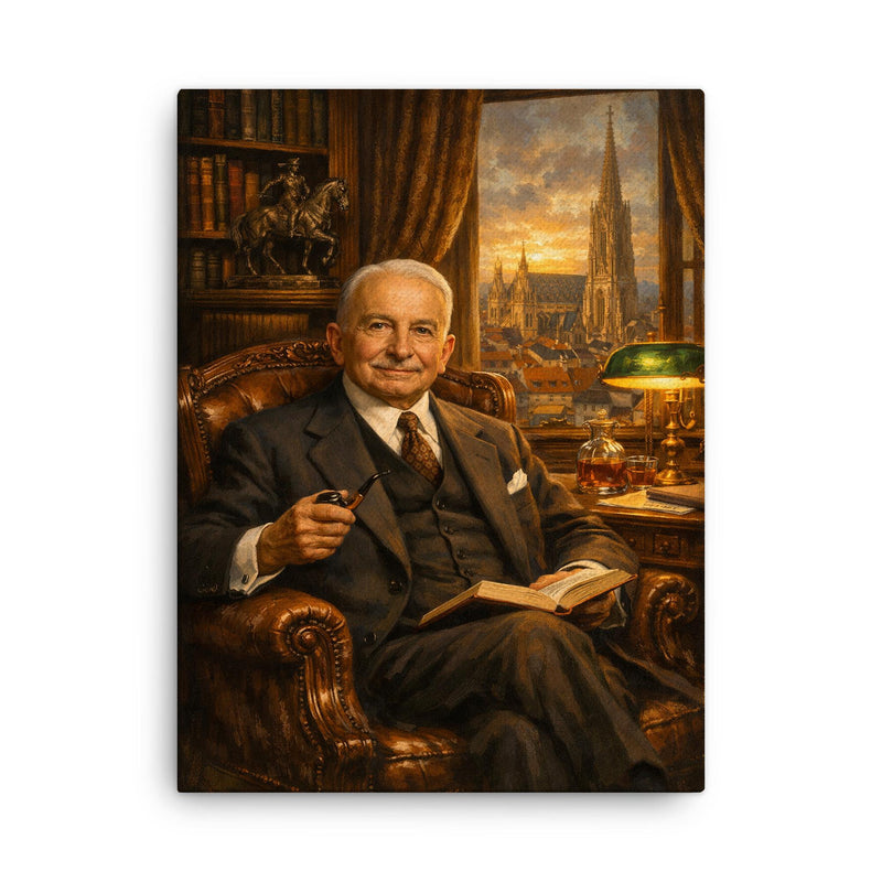 Ludwig von Mises in Viennese study canvas print on a plain backdrop in size 18