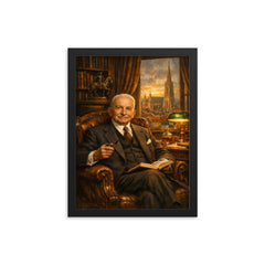 Ludwig von Mises in Viennese study framed print on a plain backdrop in size 12"x16".