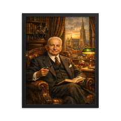Ludwig von Mises in Viennese study framed print on a plain backdrop in size 16"x20".