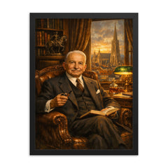 Ludwig von Mises in Viennese study framed print on a plain backdrop in size 18"x24".