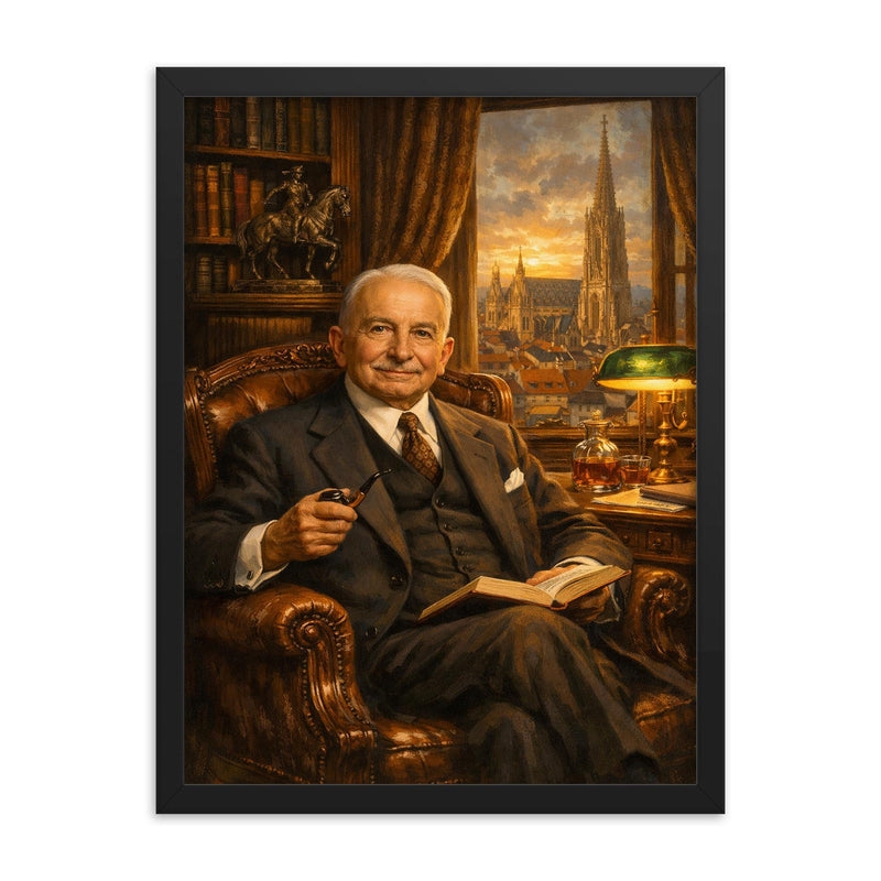 Ludwig von Mises in Viennese study framed print on a plain backdrop in size 18