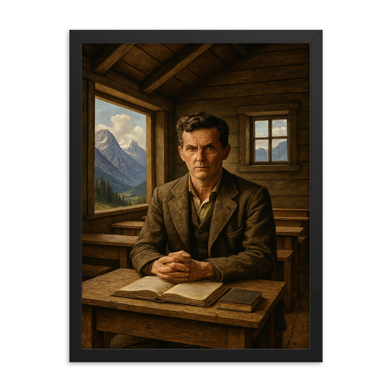 Ludwig Wittgenstein in alpine schoolhouse austerity framed print on a plain backdrop in size 18