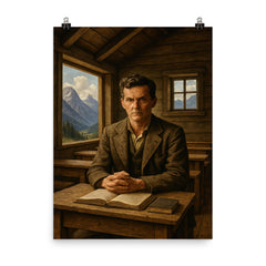 Ludwig Wittgenstein in alpine schoolhouse austerity poster on a plain backdrop in size 8"x10".