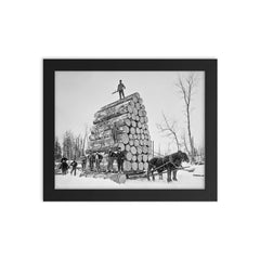 Lumberjacks at work - a team of lumberjacks posing with a giant load of logs they are moving with a sled, Michigan, 1890 framed print on a plain backdrop in size 8"x10".