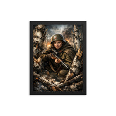 Lyudmila Pavlichenko among shattered birch trees framed print on a plain backdrop in size 12"x16".