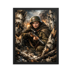 Lyudmila Pavlichenko among shattered birch trees framed print on a plain backdrop in size 16"x20".