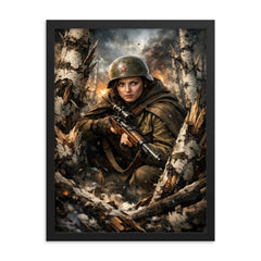 Lyudmila Pavlichenko among shattered birch trees framed print on a plain backdrop in size 18"x24".