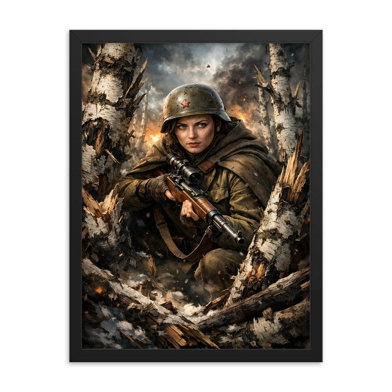 Lyudmila Pavlichenko among shattered birch trees framed print on a plain backdrop in size 18