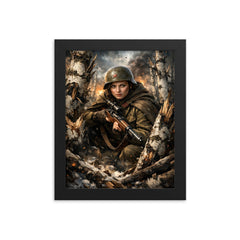 Lyudmila Pavlichenko among shattered birch trees framed print on a plain backdrop in size 8"x10".