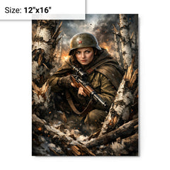 Lyudmila Pavlichenko among shattered birch trees metal print on a plain backdrop in size 12"x16".