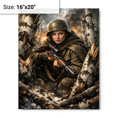 Lyudmila Pavlichenko among shattered birch trees metal print on a plain backdrop in size 16"x20".