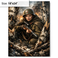 Lyudmila Pavlichenko among shattered birch trees metal print on a plain backdrop in size 18"x24".