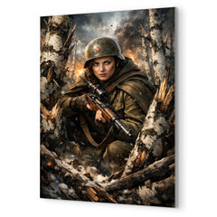 Lyudmila Pavlichenko among shattered birch trees metal print mockup