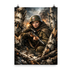 Lyudmila Pavlichenko among shattered birch trees poster on a plain backdrop in size 8"x10".