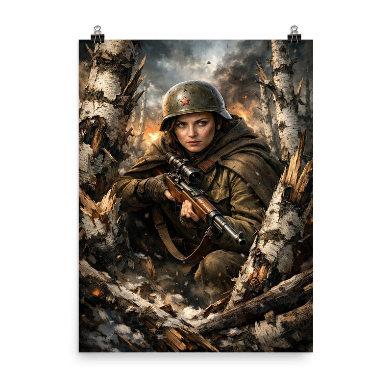 Lyudmila Pavlichenko among shattered birch trees poster on a plain backdrop in size 8