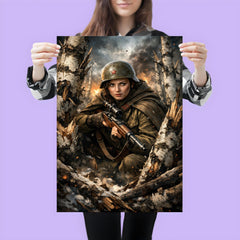 Lyudmila Pavlichenko among shattered birch trees poster 3