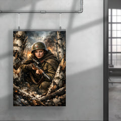 Lyudmila Pavlichenko among shattered birch trees poster 4